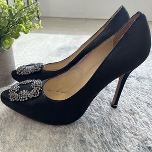 Manolo Blahnik Black Satin Heels w/ Crystal Buckle – Elegant